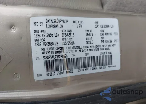 2003 Chrysler Town & Country Lxi from USA, damaged, VIN 2C8GP54L73R238626